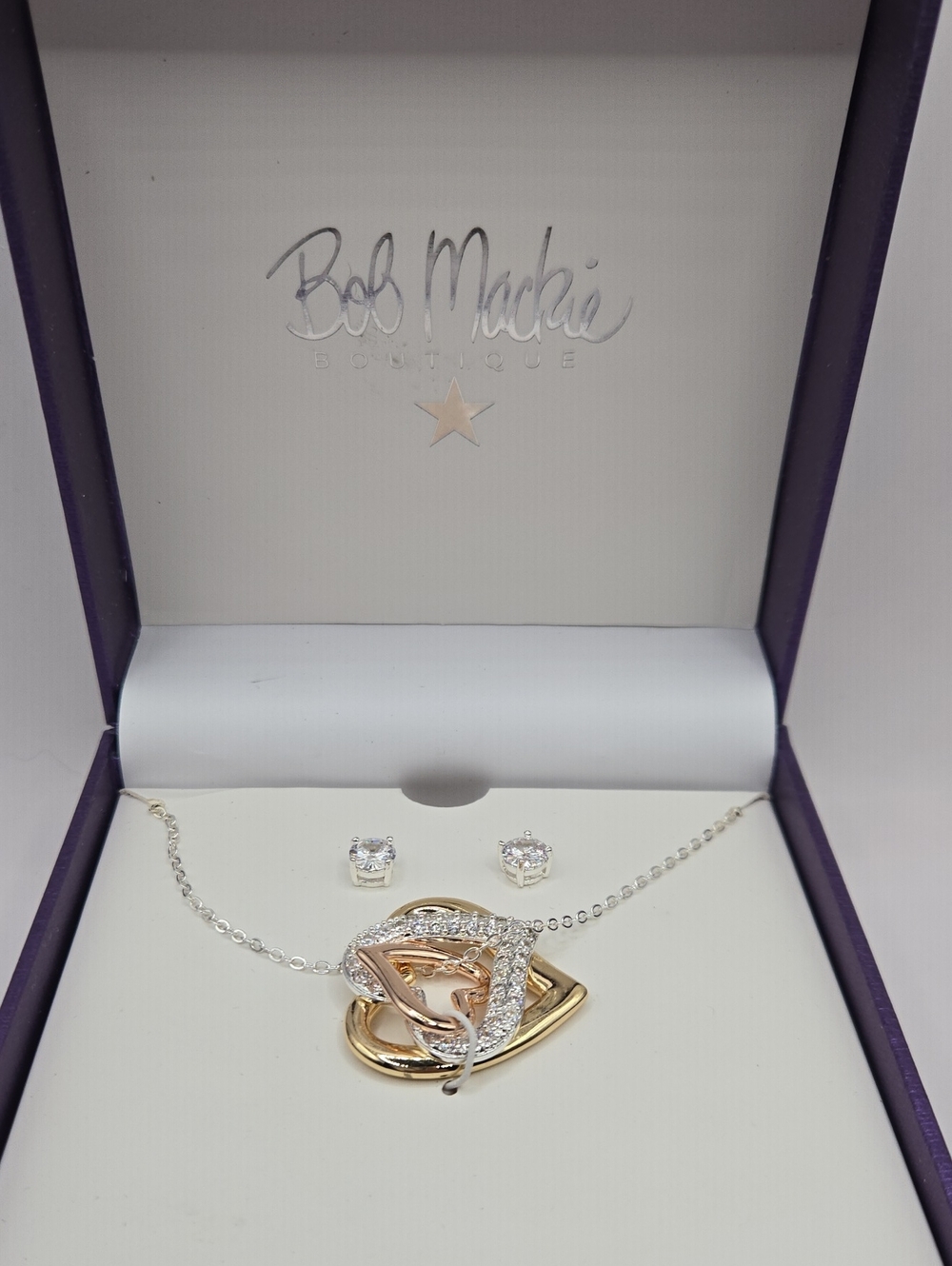 NEW Bob Mackie Two-Tone Gold and Silver Heart Necklace with Crystal Studs